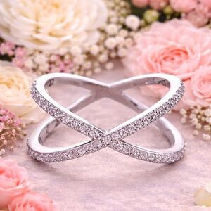 Elegant Silver Crystal Crossover Ring